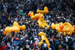 Pro-democracy demonstrators move inflatable rubber ducks during a rally in Bangkok, Thailand, November 18, 2020. Credit: REUTERS/Soe Zeya Tun