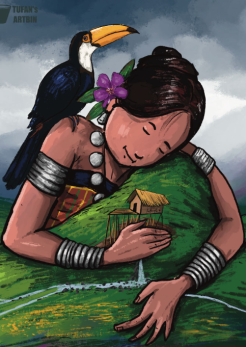 Indigenous Woman hugging a mountain. Artwork: Tufan Chakma/AIPP