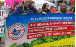 Photo of Jonathan Mesulam and Alliance of Solwara Warriors protesting PNG seabed mining. Credit: Loop. Credit: Nayela Akter