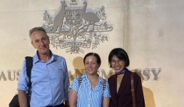 DTP's Executive Director Patrick Earle and Communications and Office Coordinator Clare Sidoti with Sutharee Wannasiri at the Australian Embassy. Credit: DTP