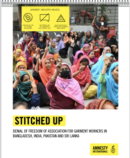 Cover of Amnesty Stitched Up report, Cover Photo: Garment workers stage a demonstration in front of the Department of Labor building in Dhaka, Bangladesh, on November 27, 2023, demanding their due payment. Photo: Getty Images Illustration by Amnesty International. Credit: Amnesty International
