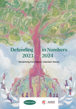 Cover of FORUM-ASIA's Defending in Numbers 2023-2024 report showing a tree with strong trunk and roots spreading out on the bottom. Credit: FORUM-ASIA