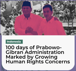 FORUM-ASIA social media post on statement 100 days of Prabowo-Gibran Administration. Photo of Prabowo with arm around Gibran. Credit: FORUM-ASIA