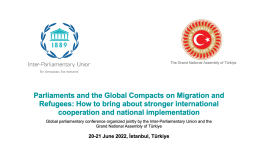 Title slide of the Global Parliamentary Conference on refugees and migration. Credit: IPU