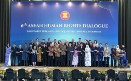 Indonesian Deputy Foreign Minister Arrmanatha Nasir and Deputy Human Rights Minister Mugiyanto Sipin (center) and ASEAN member states' representatives to the ASEAN Intergovernmental Commission on Human Rights pose for a group photo during the sixth ASEAN Human Rights Dialogue at ASEAN Secretariat in Jakarta on Nov. 5, 2024. Credit: AICHR