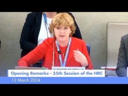 UN Special Rapporteur on human rights defenders Mary Lawlor delivering her opening remarks at the 55th Session of the HRC. Credit: UN Special Rapporteur HRDs - Info Channel/ YouTube