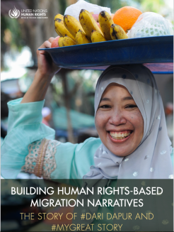 Cover of BUILDING HUMAN RIGHTS-BASED MIGRATION NARRATIVES THE STORY OF #DARI DAPUR AND #MYGREAT STORY guide showing women in headscarf smiling with a tray containing fruit on her head. Credit: OHCHR
