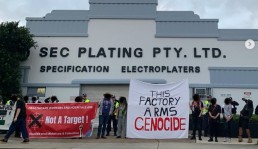 Pro-Palestine protest outside SEC plating company in Belmore, April 2025. Credit: Instagram/weaponsoutthewest 
