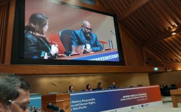 Photo of Rejimon Kuttappa and Pichamon Yeophantong&nbsp;on panel at 7th UN Responsible Business and Human Rights Forum, Asia-Pacific. Credit: Rejimon Kuttappan 