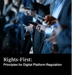 Shot of people's hands on mobile phones cover of Rights-First: Principles for Digital Platform Regulation” report. Credit: Human Rights Law Centre