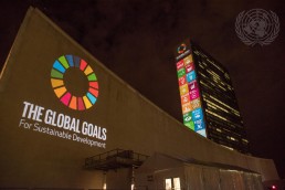 SDGs projected on the UN Headquarters in New York. Credit: UN Photo/Cia Pak