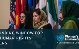 Three women speaking at the UN in front of flags. Credit: Women's Peace and Humanitarian Fund
