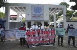 Sri Lankan rights activists protest against the Prevention of Terrorism Act outside the United Nations office in Colombo, Sri Lanka, March 3, 2022.  © 2022 Eranga Jayawardena/AP Photo