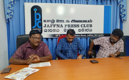Freddy Gamage and other journalists from Center for People Dialogue on the Internet Safety Act. Credit: Jaffna Press Club