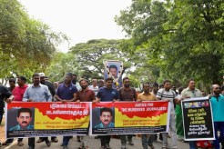 People with banners walking streets for the memorial of journalist Subramaniam Sugirtharajan in Trincomalee. Credit: Leeta Arachchige Don