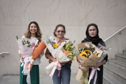 From left, human rights activists Thanaporn Saleephol, Puttanee Kangkun and Angkhana Neelapaijit pose after their acquittal, Aug. 29, 2023. Credit: Fortify Rights handout