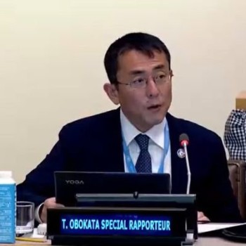 Special Rapporteur on contemporary forms of slavery, Tomoya Obokata speaking at the UN. Credit: UN Special Rapporteur Tomoya Obokata/X