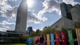 UN Headquarters in NYC with banners depicting each of the SDGs in foreground. Credit: UN