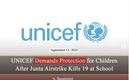 UNICEF logo and underneath text UNICEF Demands Protection for Chidlren After Junta Airstrike Kills 19 at School. Credit: theirrawaddy/Instagram
