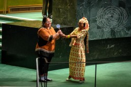 Aluki Kotierk (left), elected Chair of the 24th Session of the UN Permanent Forum on Indigenous Issues, takes over from Hindou Oumarou Ibrahim, Chair of 23rd Session of the UN Permanent Forum on Indigenous Issues, during the opening of the 24th Session of the Permanent Forum on Indigenous Issues (21 April – 2 May). The theme of the 24th Session is "Implementing the United Nations Declaration on the Rights of Indigenous Peoples within United Nations Member States and the United Nations system, including identifying good practices and addressing challenges". Credit: UN Photo/Loey Felipe