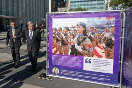UN Secretary-General visits the Visitors Plaza exhibition, "Through Her Lens: Women Rising for Peace". Credit: UN Photo/Eskinder Debebe