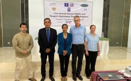 Photo of Loro Horta (UNTL-HRC), HE Aung Myo Min, Ana Paula Marcal (JSMP) and Patrick Earle and Clare Sidoti (DTP) at the opening of the 31st Annual Human Rights and Peoples Diplomacy training program. Credit: DTP