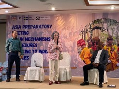 Photo of Binota Moy Dhamai, IWGIA’s Lola Garcia-Alix and Dr Albert K. Barume at the Asia Preparatory Meeting on United Nations Mechanisms and Procedures Relating to Indigenous Peoples in Chiang Mai. Credit: DTP