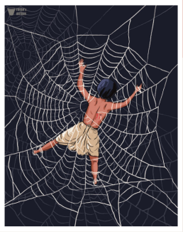 Drawing of a person caught in a spider web - cover of AIPP report. Credit: AIPP