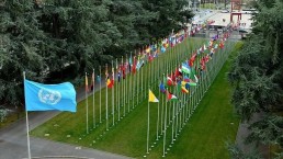 The UN flag at the front of flags from countries around the world at UN Headquarters in Geneva. Credit: UN